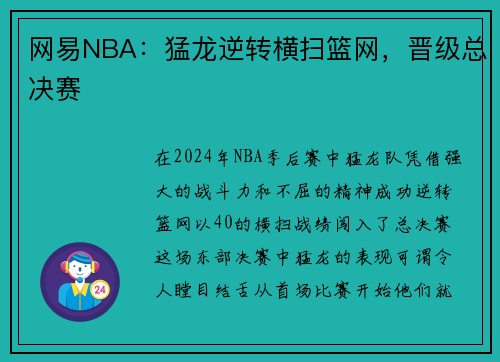 网易NBA：猛龙逆转横扫篮网，晋级总决赛